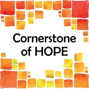 the words cornerstone for hope surrounded by orange, red, and yellow squares