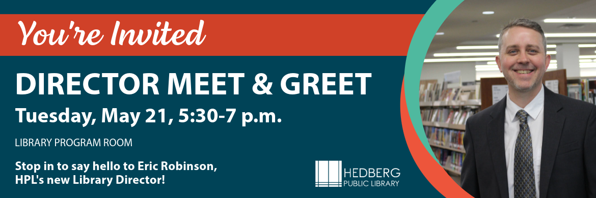 You're Invited Director Meet & Greet, Tuesday, May 21, 5:30-7 p.m. picture of man in suit and tie smiling in front of book shelves