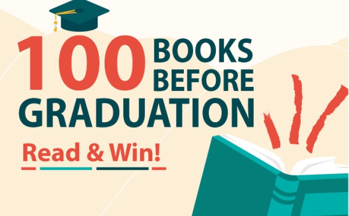 100-Books-Before-Graduation with a graduation cap over the 100 and an open book on the right with the words Read & Win!
