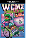 cartoon of a young girl with a helmet racing her wheelchair