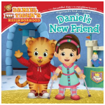 daniel the tiger cartoon standing next to a little girl with leg braces and crutches 
