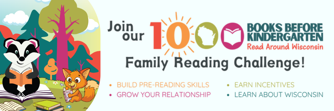 1000 books before kindergarten join our family reading challenge with a cartoon racoon reading a book to a baby fox
