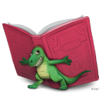 little green dinosaur holding an open book on its back