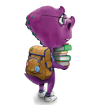 purple cartoon dinosaur holding a stack of books and wearing a backpack