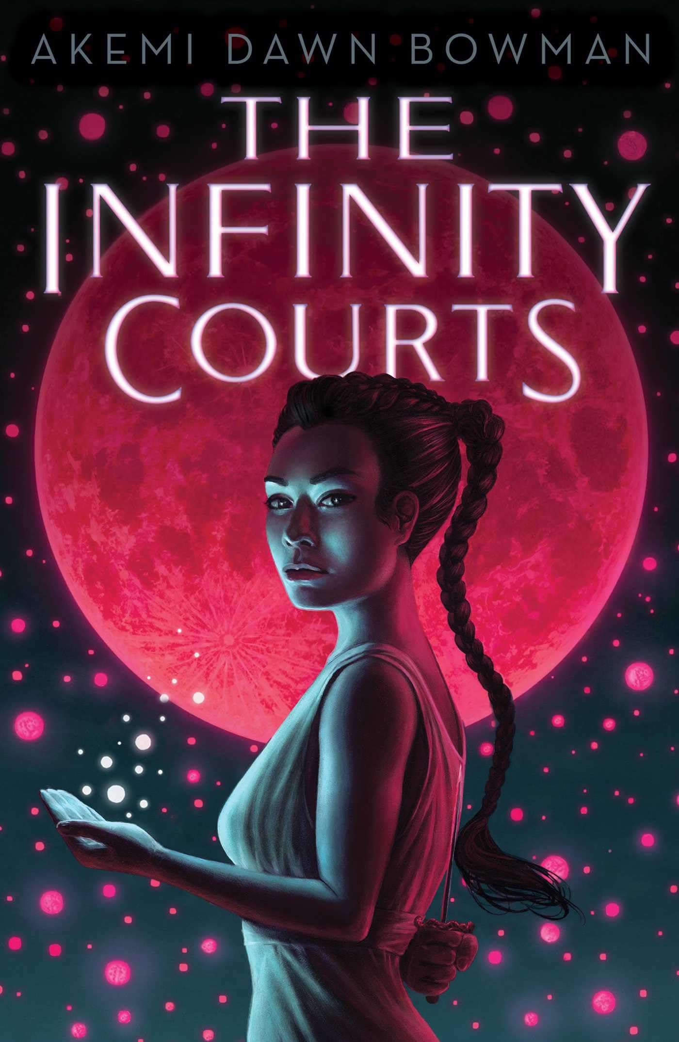 Book cover of The Infinity Courts showing a woman with a braid, glowing orbs, and a red moon backdrop.