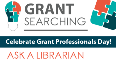 light bulb made out of puzzle pieces with the words grant searching, celebrate grant professionals day, ask a librarian