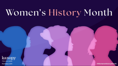 Women's History Month with outlines of women with various hairstyles #kanopy