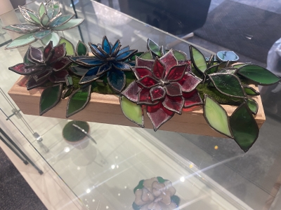Stained glass flowers in wooden box