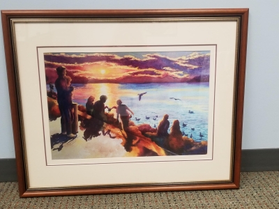 Watercolor painting of people enjoying a sunset in Door County, Wisconsin.