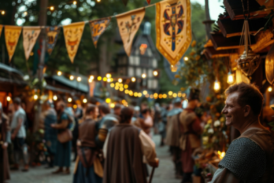 Medieval fair with costumed people, market stalls, banners, and festive lights.