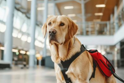 yellow labrador with a harness