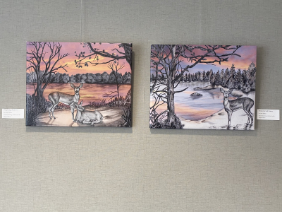Two paintings of deer near a lake in winter. One painting is at sunrise, and the other is at sunset.  