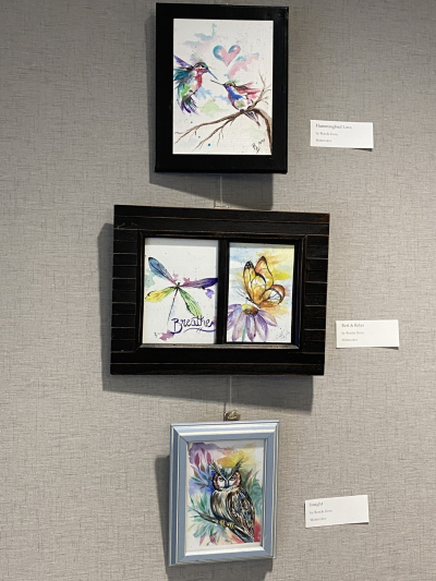 Four small watercolor paintings hummingbirds, a dragonfly, a butterfly, and an owl.