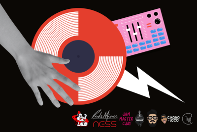 Hand on top of album, lightning bolt and mixing equipment