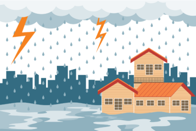 drawing of a storm and flooding with houses in water and lighting bolts and rain in the sky