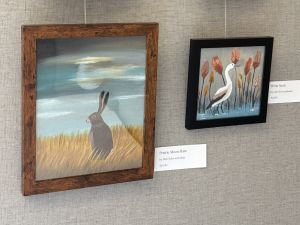 painting of perky-eared rabbit and landscape background; egret in a swamp