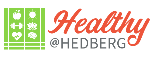 Healthy at Hedberg logo with apple, barbell, haert, sun, lotus flower, and brain icons