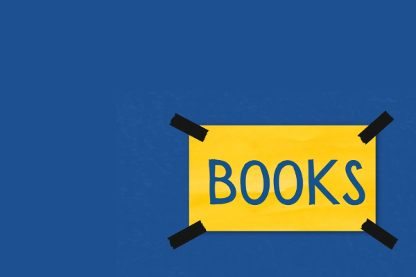 blue background with the word books on a yellow postit