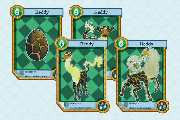 four trading cards with mythical creature