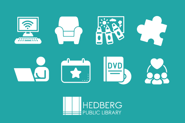 computer with wifi symbol, printer, person at computer, dvd, crayons coloring a picture, puzzle peice, three people under a heart, library logo