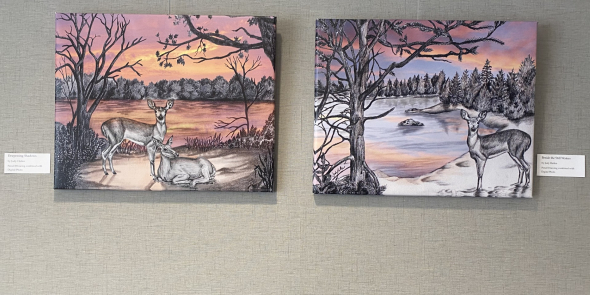 Two paintings of deer near a lake in winter. One painting is at sunrise, and the other is at sunset.  