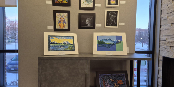 Collection of 7 pieces of 2D art created by students of the School District of Janesville.