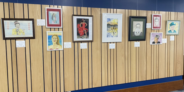 Nine pieces of artwork that are watercolor or colored pencil portraits of influential women from around the world including Maya Angelou, Queen Elizabeth, and a flemenco dancer.