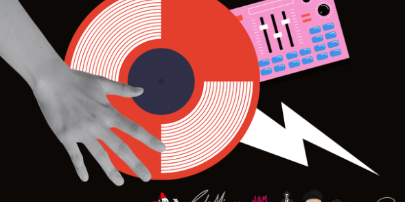 Hand on top of album, lightning bolt and mixing equipment