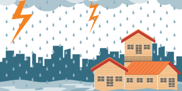 drawing of a storm and flooding with houses in water and lighting bolts and rain in the sky