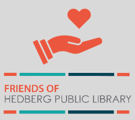 hand holding a heart with Friends of Hedberg Public Library logo