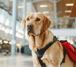 yellow labrador with a harness