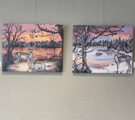 Two paintings of deer near a lake in winter. One painting is at sunrise, and the other is at sunset.  