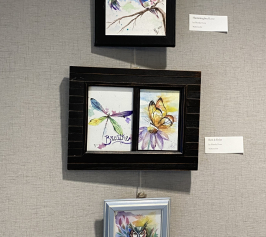 Four small watercolor paintings hummingbirds, a dragonfly, a butterfly, and an owl.