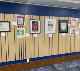 Nine pieces of artwork that are watercolor or colored pencil portraits of influential women from around the world including Maya Angelou, Queen Elizabeth, and a flemenco dancer.