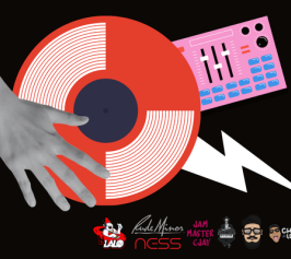 Hand on top of album, lightning bolt and mixing equipment