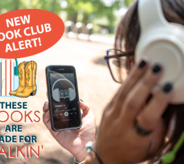 NEW BOOK CLUB ALERT! THESE BOOKS ARE MADE FOR WALKIN' woman with headphones holding smartphone and listening to an audiobook outside