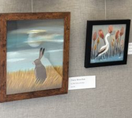 painting of perky-eared rabbit and landscape background; egret in a swamp