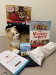 Animitronic fluffy cat sitting next to books and activities in front of a cat carrier