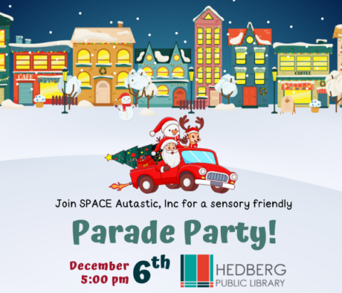 Cityscape with Santa and a reindeer driving a truck and the words "Join Space Autastic for a sensory friendly parade party!