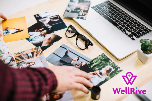 hand sorting photographs with laptop in background