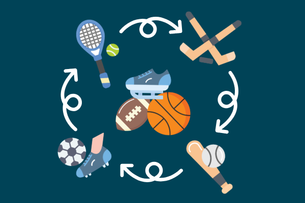 icons of sporting equipment, including basketball, football, hockey stick, in circle