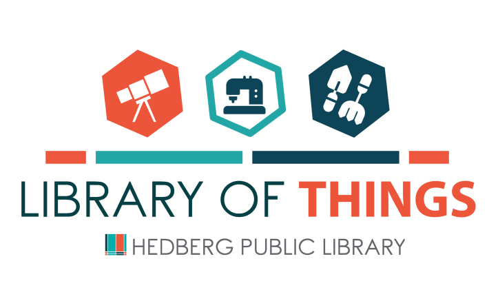 three hexagons containing drawings of a telescope, a sewing machine, and garden shovel and rake with the words Library of Things
