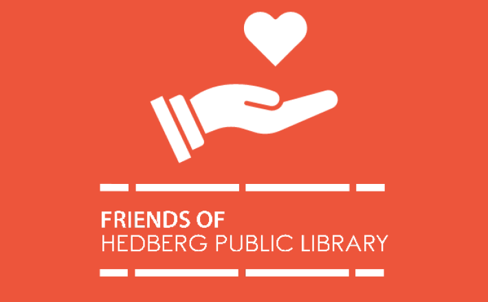 hand holding a heart with Friends of Hedberg Public Library logo