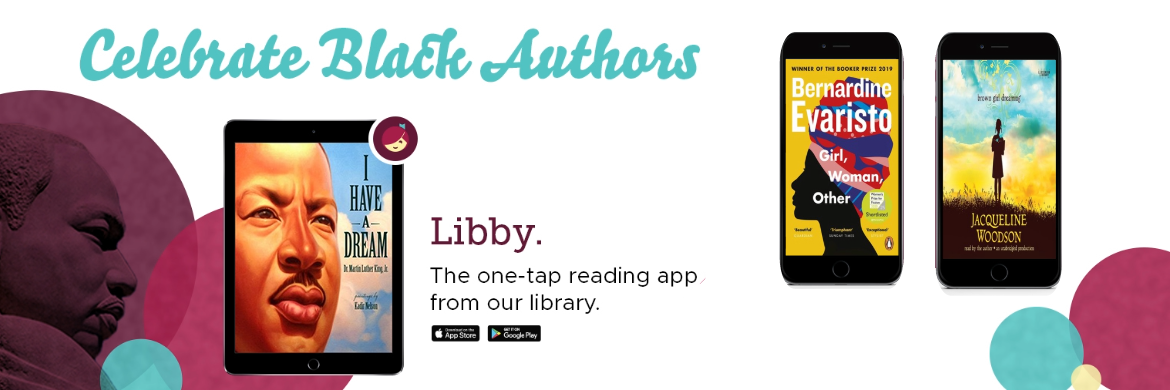Celebrate Black Authors on Libby with a picture of three books displayed on smartphones.